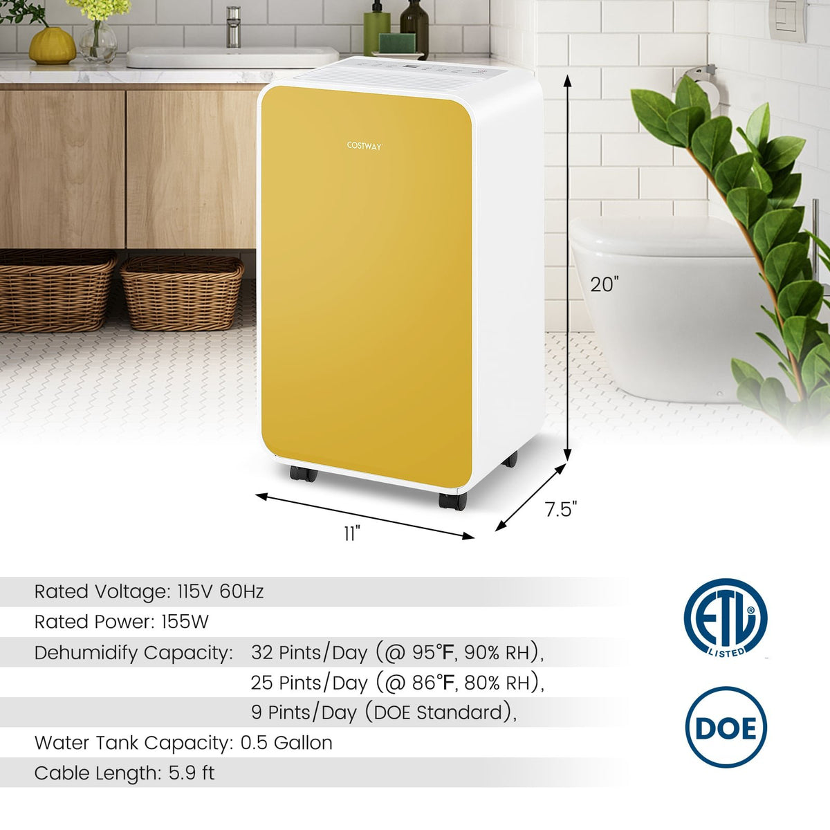 32 Pints/Day Portable Quiet Dehumidifier for Rooms up to 2500 Sq. Ft-Yellow view 4