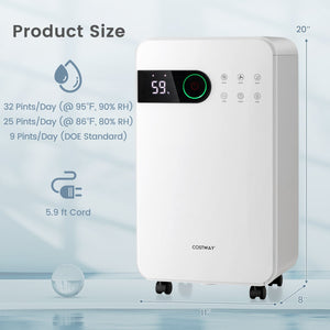 32 Pints Dehumidifier with Sleep Mode and 24H Timer for Home Basement-White view 4