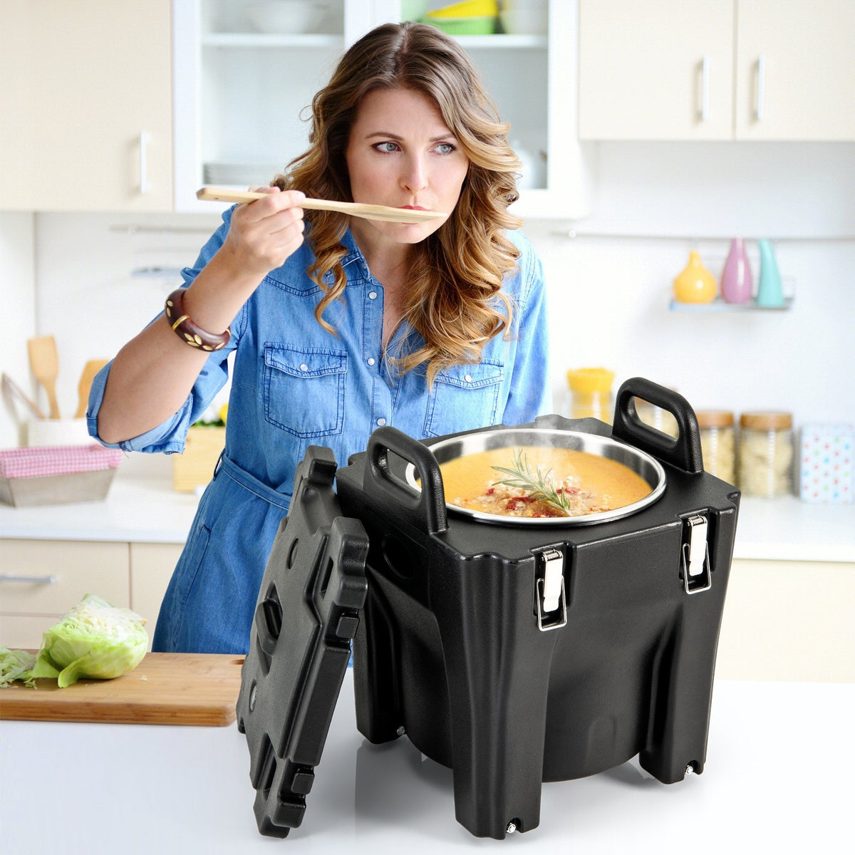 32 QT Portable Insulated Food Carrier with Stainless Steel Barrel for Catering Camping-Black view 2