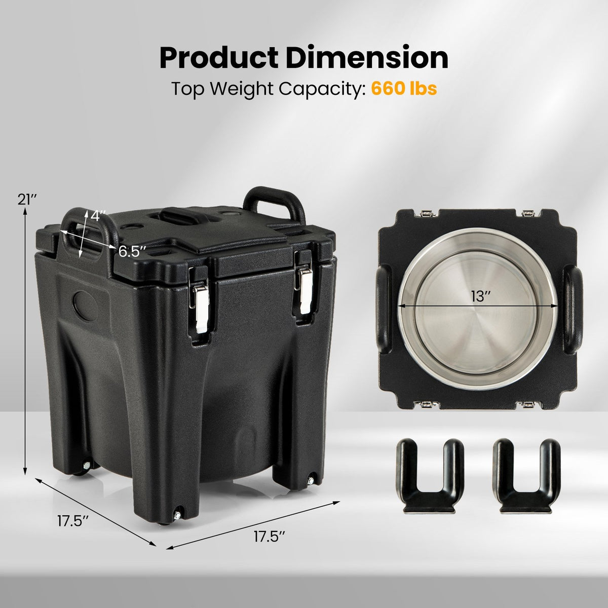 32 QT Portable Insulated Food Carrier with Stainless Steel Barrel for Catering Camping-Black view 5