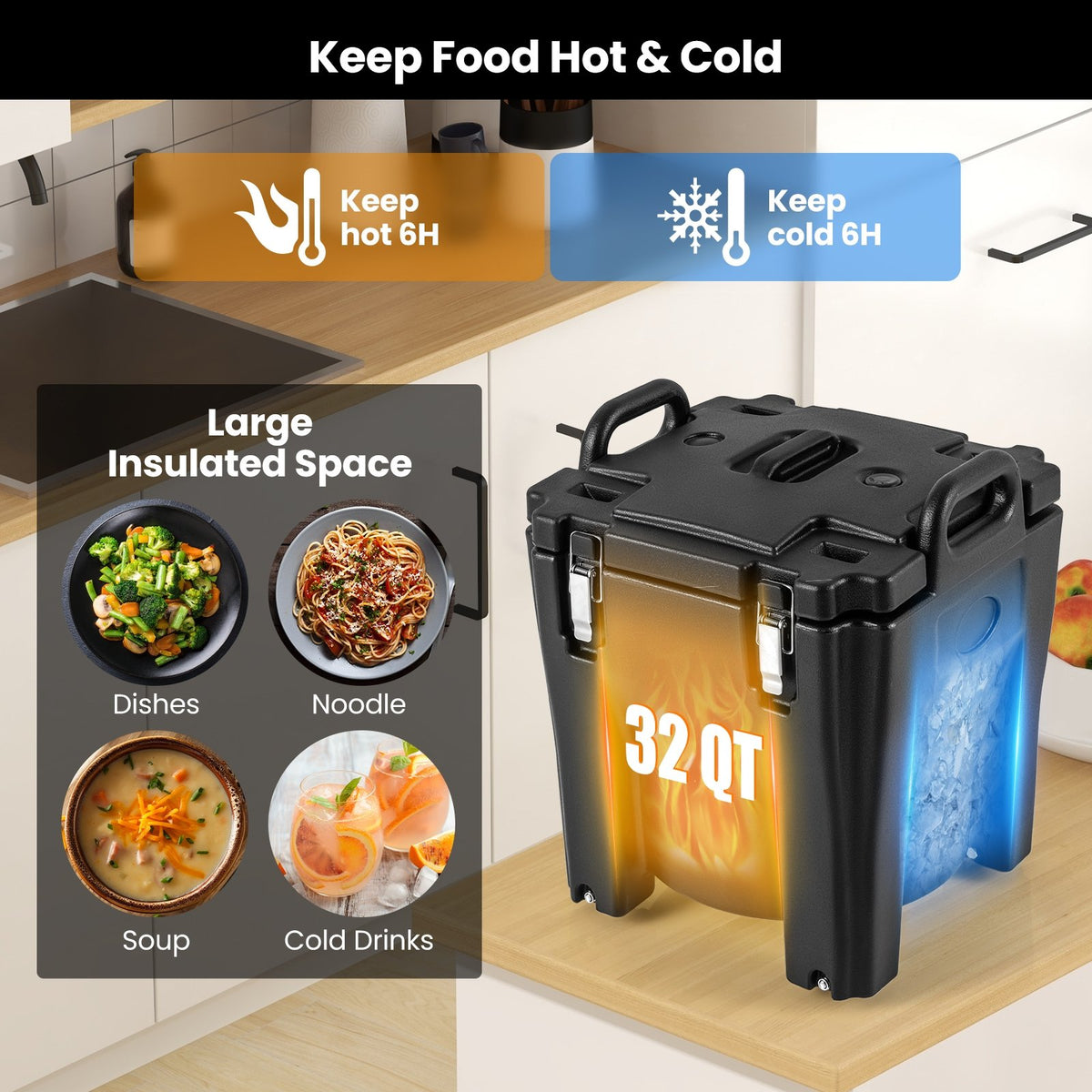 32 QT Portable Insulated Food Carrier with Stainless Steel Barrel for Catering Camping-Black view 8