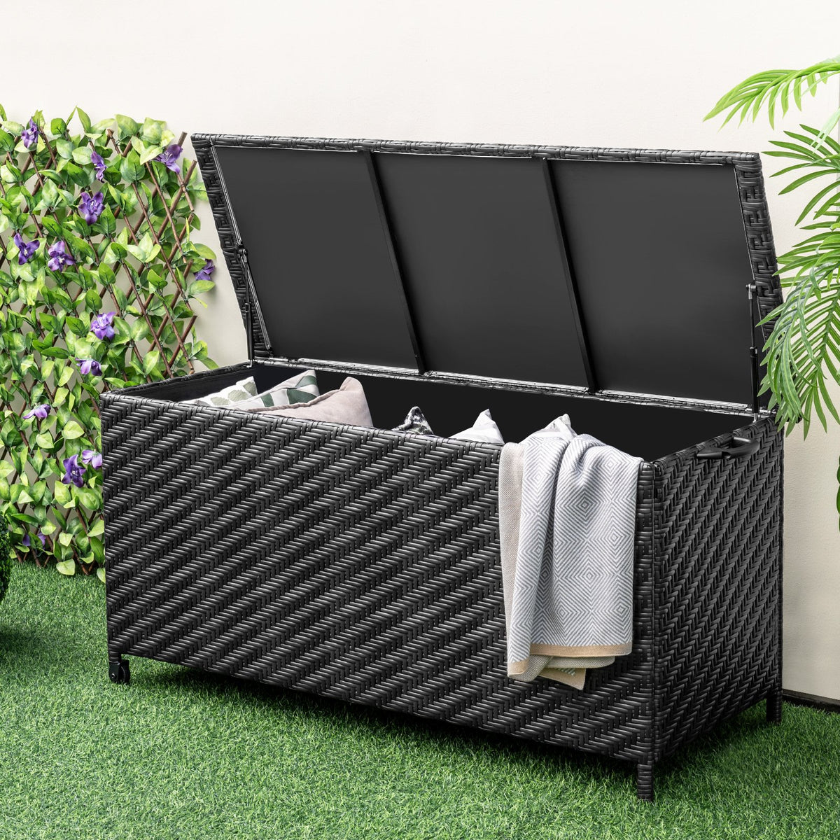 85 Gallon Outdoor Storage Box with Removable Liner and Universal Wheels-Black view 2