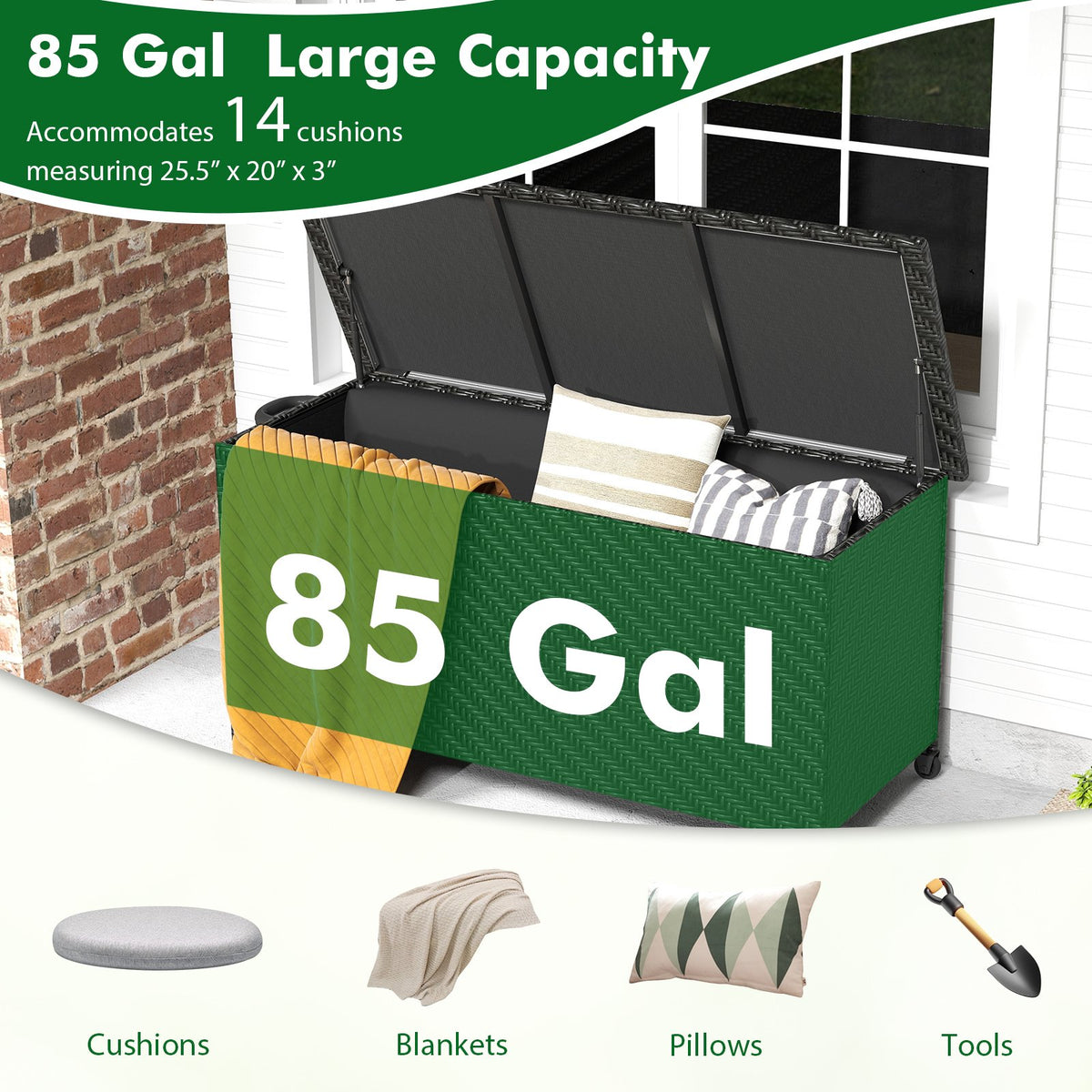 85 Gallon Outdoor Storage Box with Removable Liner and Universal Wheels-Black view 5