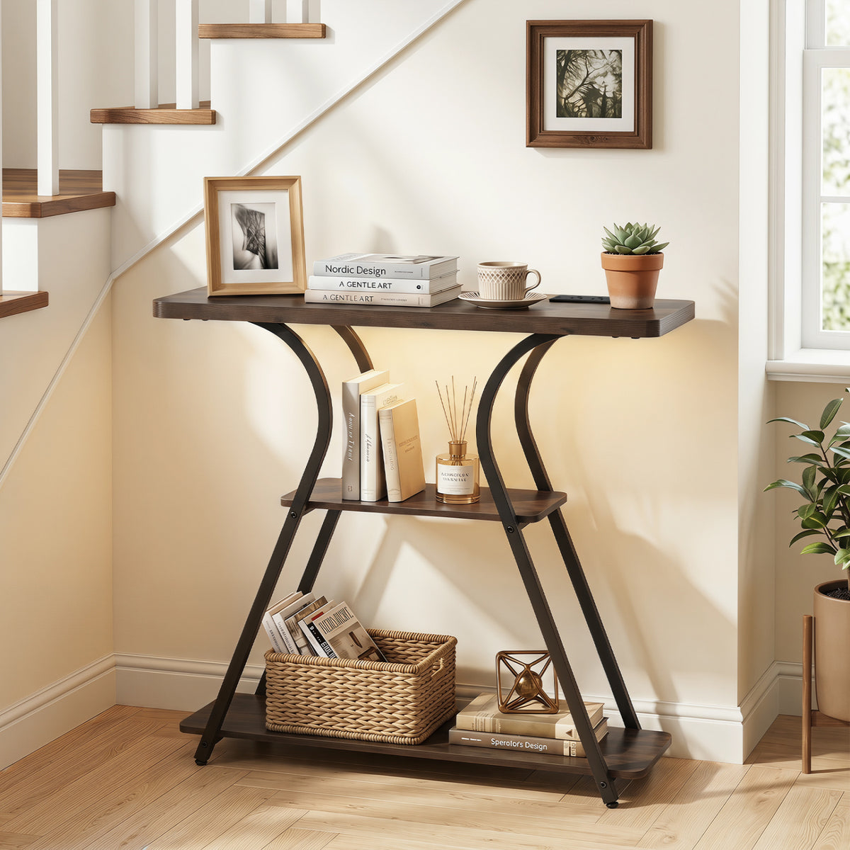 32 Inch Narrow Long Entryway Table with Power Outlets and LED Lights-Brown view 2