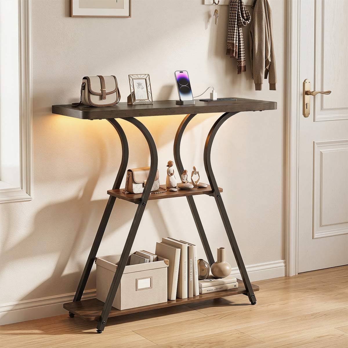 32 Inch Narrow Long Entryway Table with Power Outlets and LED Lights-Brown view 3