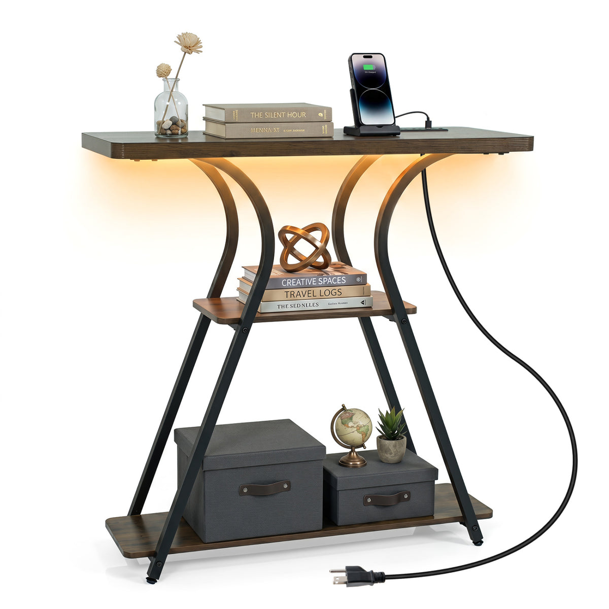 32 Inch Narrow Long Entryway Table with Power Outlets and LED Lights-Brown view 4