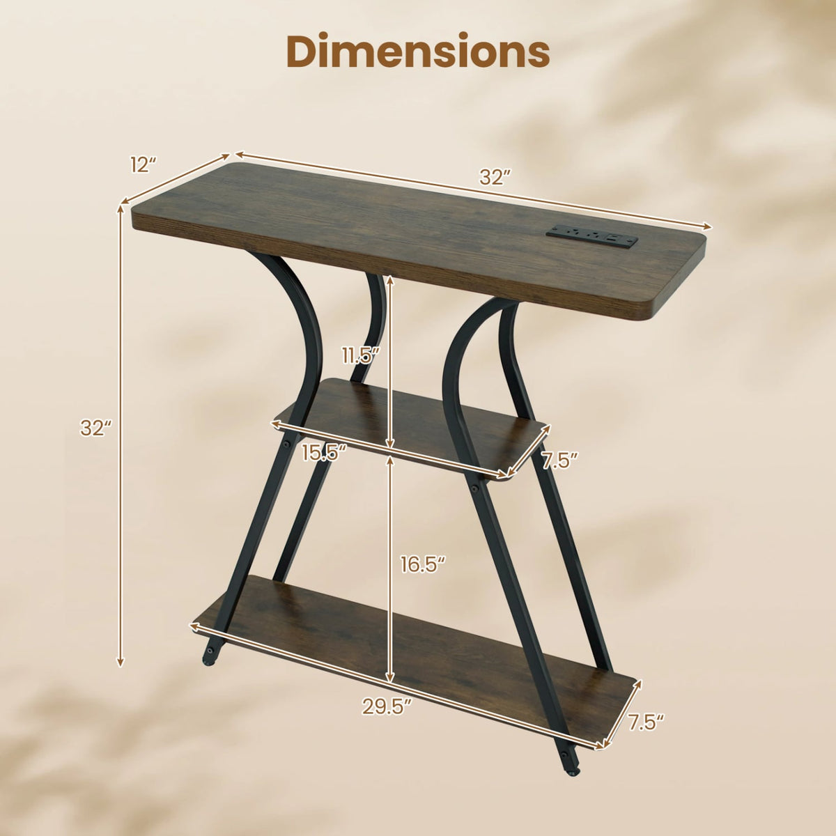 32 Inch Narrow Long Entryway Table with Power Outlets and LED Lights-Brown view 5