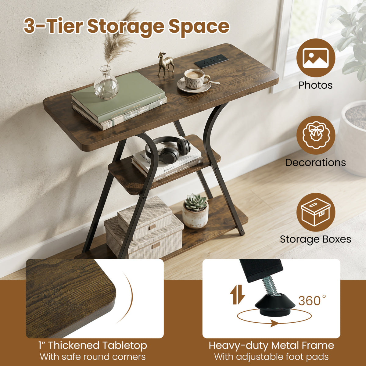32 Inch Narrow Long Entryway Table with Power Outlets and LED Lights-Brown view 8
