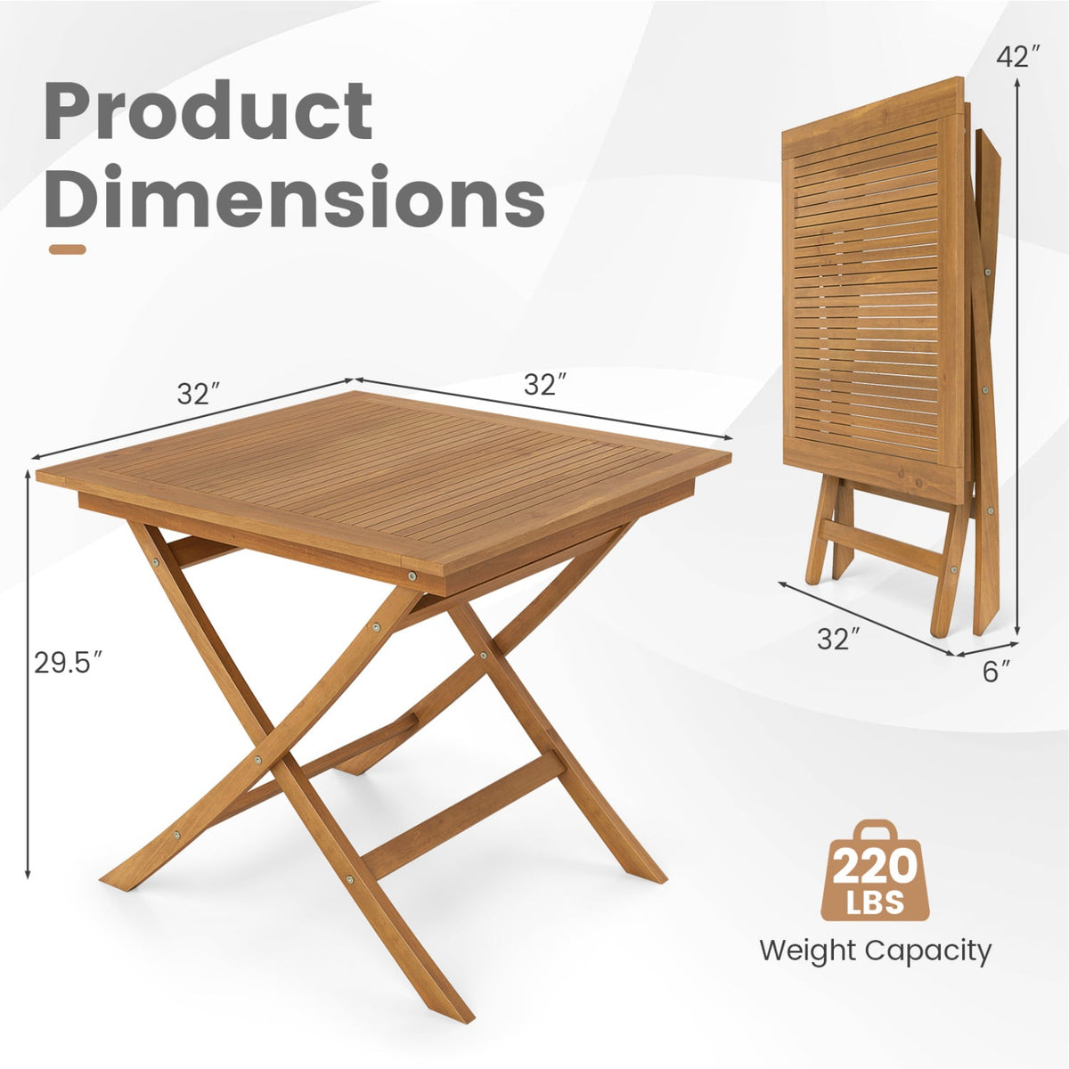 32-Inch Square Solid Teak Wood Patio Dining Table for 4 view 5