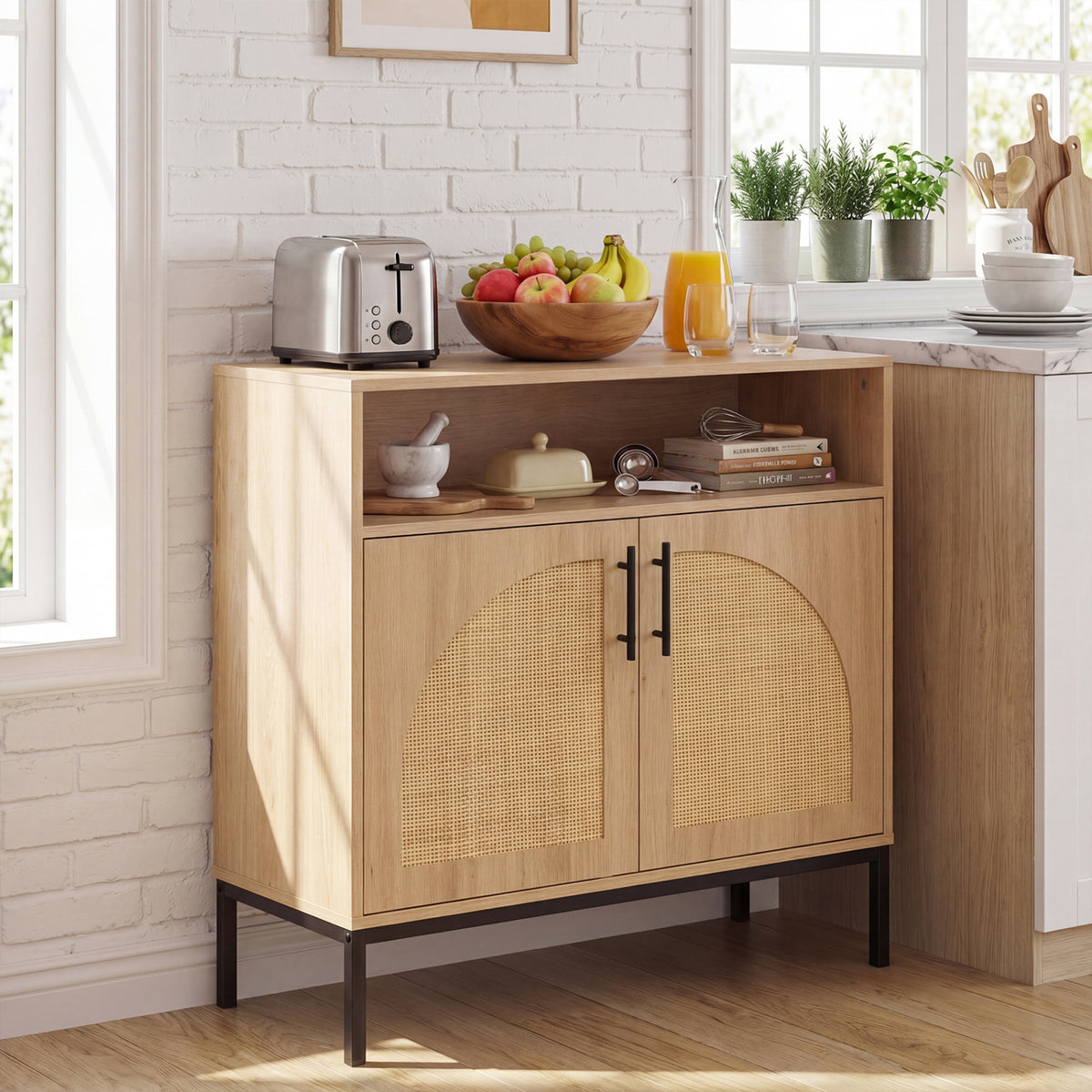 32 inches Sideboard Buffet Cabinet with 2 Natural Rattan Decorated Doors and Adjustable Shelf-Natural view 2