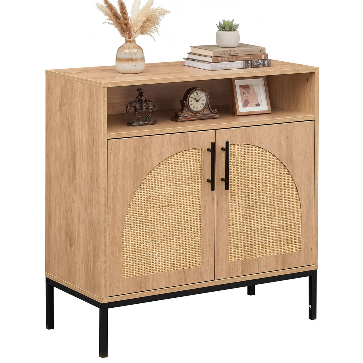 32 inches Sideboard Buffet Cabinet with 2 Natural Rattan Decorated Doors and Adjustable Shelf-Natural view 4