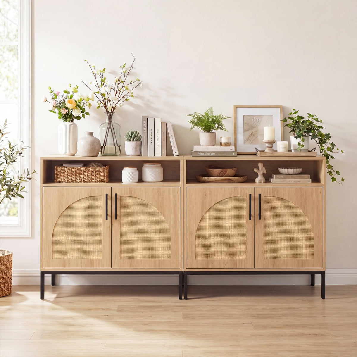 32 inches Sideboard Buffet Cabinet with 2 Natural Rattan Decorated Doors and Adjustable Shelf-Natural view 6
