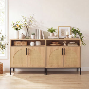 32 inches Sideboard Buffet Cabinet with 2 Natural Rattan Decorated Doors and Adjustable Shelf-Natural view 6