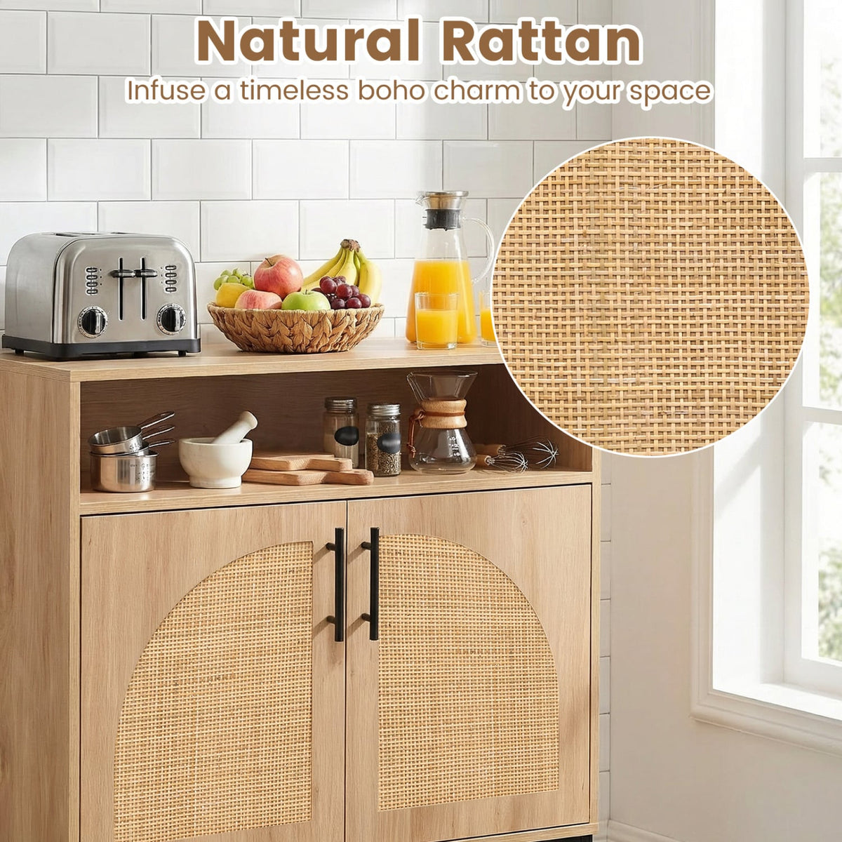 32 inches Sideboard Buffet Cabinet with 2 Natural Rattan Decorated Doors and Adjustable Shelf-Natural view 8