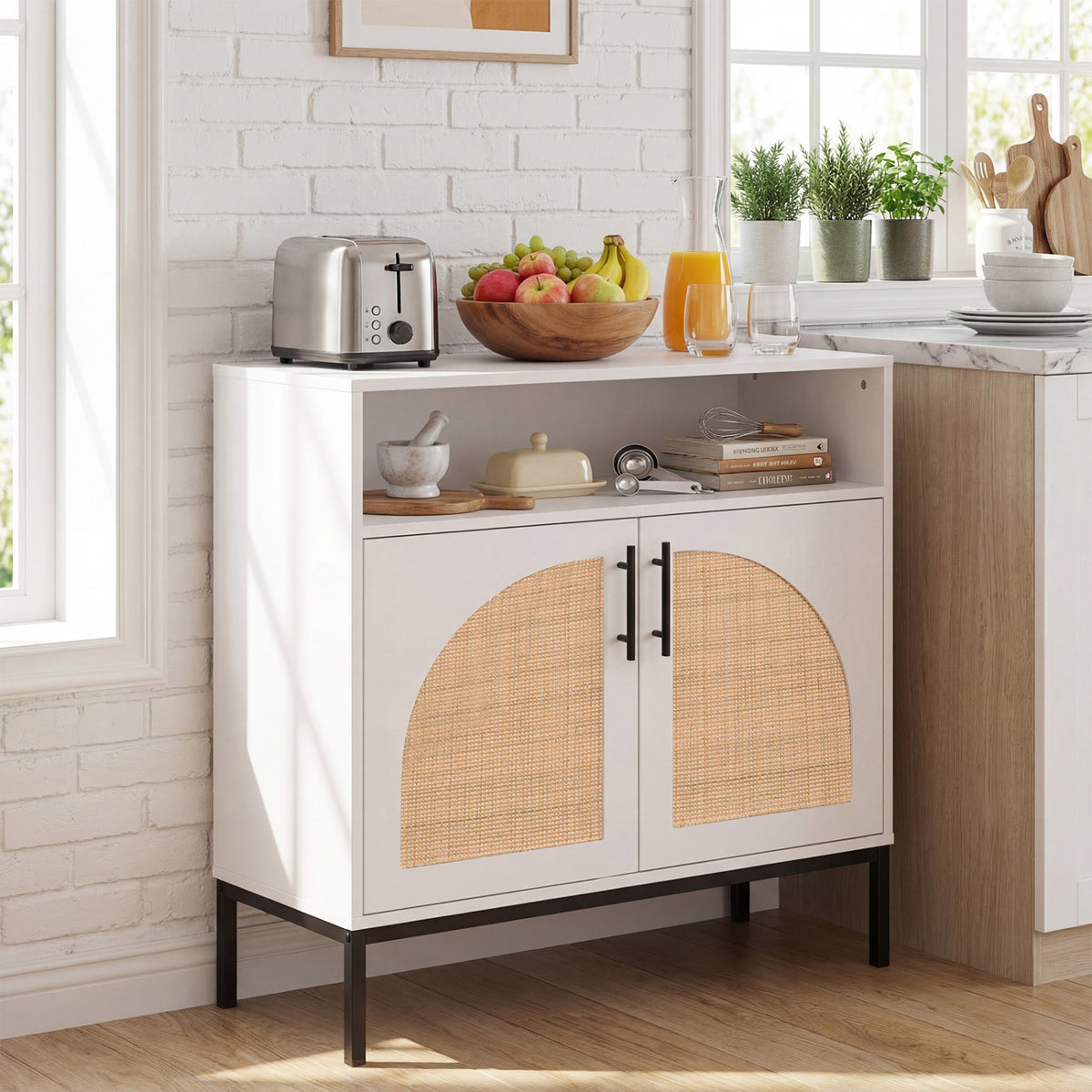 32 inches Sideboard Buffet Cabinet with 2 Natural Rattan Decorated Doors and Adjustable Shelf-White view 2