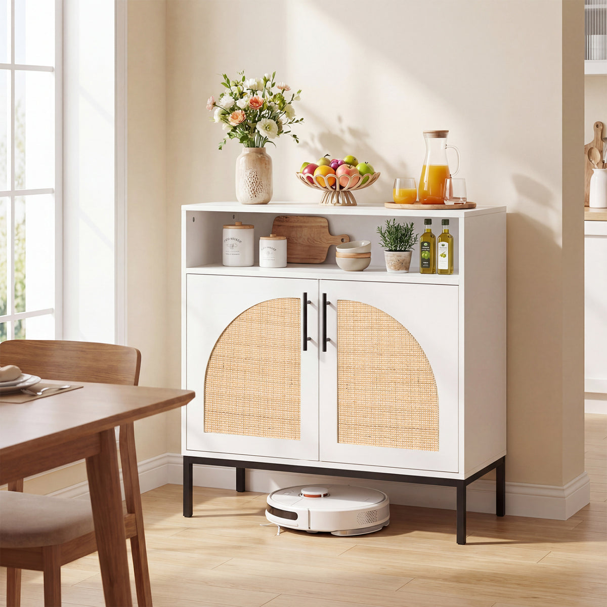 32 inches Sideboard Buffet Cabinet with 2 Natural Rattan Decorated Doors and Adjustable Shelf-White view 3