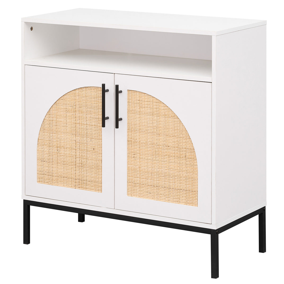 32 inches Sideboard Buffet Cabinet with 2 Natural Rattan Decorated Doors and Adjustable Shelf-White