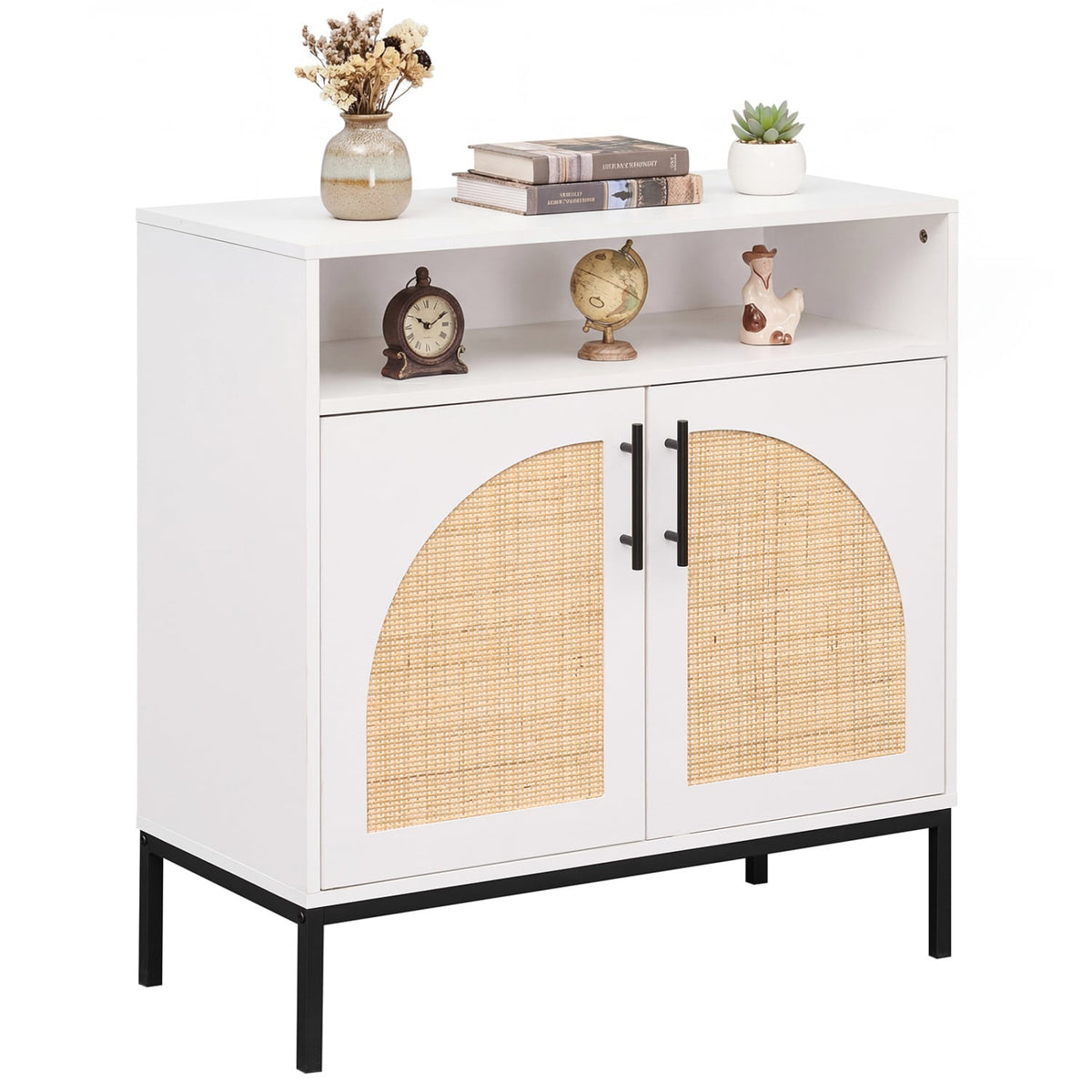 32 inches Sideboard Buffet Cabinet with 2 Natural Rattan Decorated Doors and Adjustable Shelf-White view 4