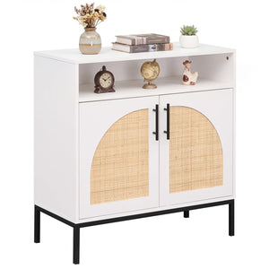 32 inches Sideboard Buffet Cabinet with 2 Natural Rattan Decorated Doors and Adjustable Shelf-White view 4