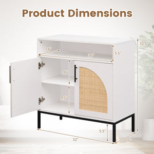 32 inches Sideboard Buffet Cabinet with 2 Natural Rattan Decorated Doors and Adjustable Shelf-White view 5