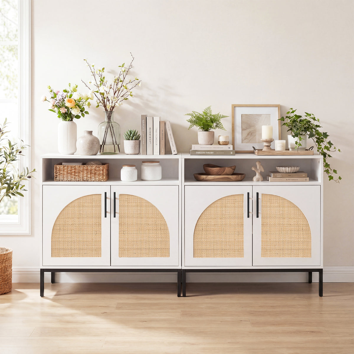 32 inches Sideboard Buffet Cabinet with 2 Natural Rattan Decorated Doors and Adjustable Shelf-White view 6