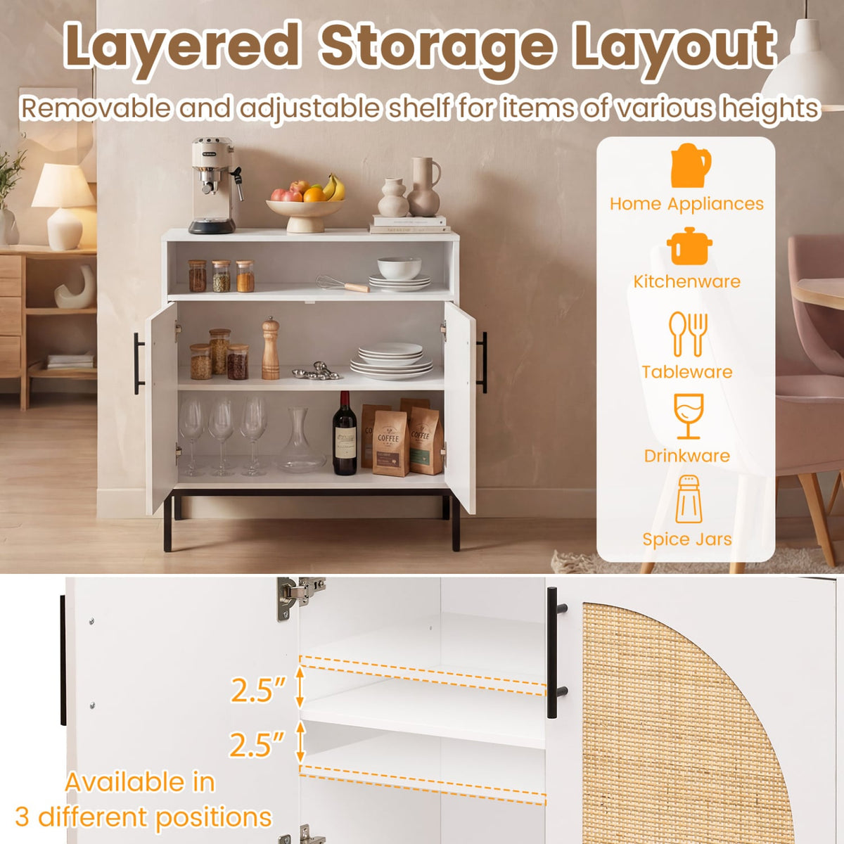 32 inches Sideboard Buffet Cabinet with 2 Natural Rattan Decorated Doors and Adjustable Shelf-White view 7