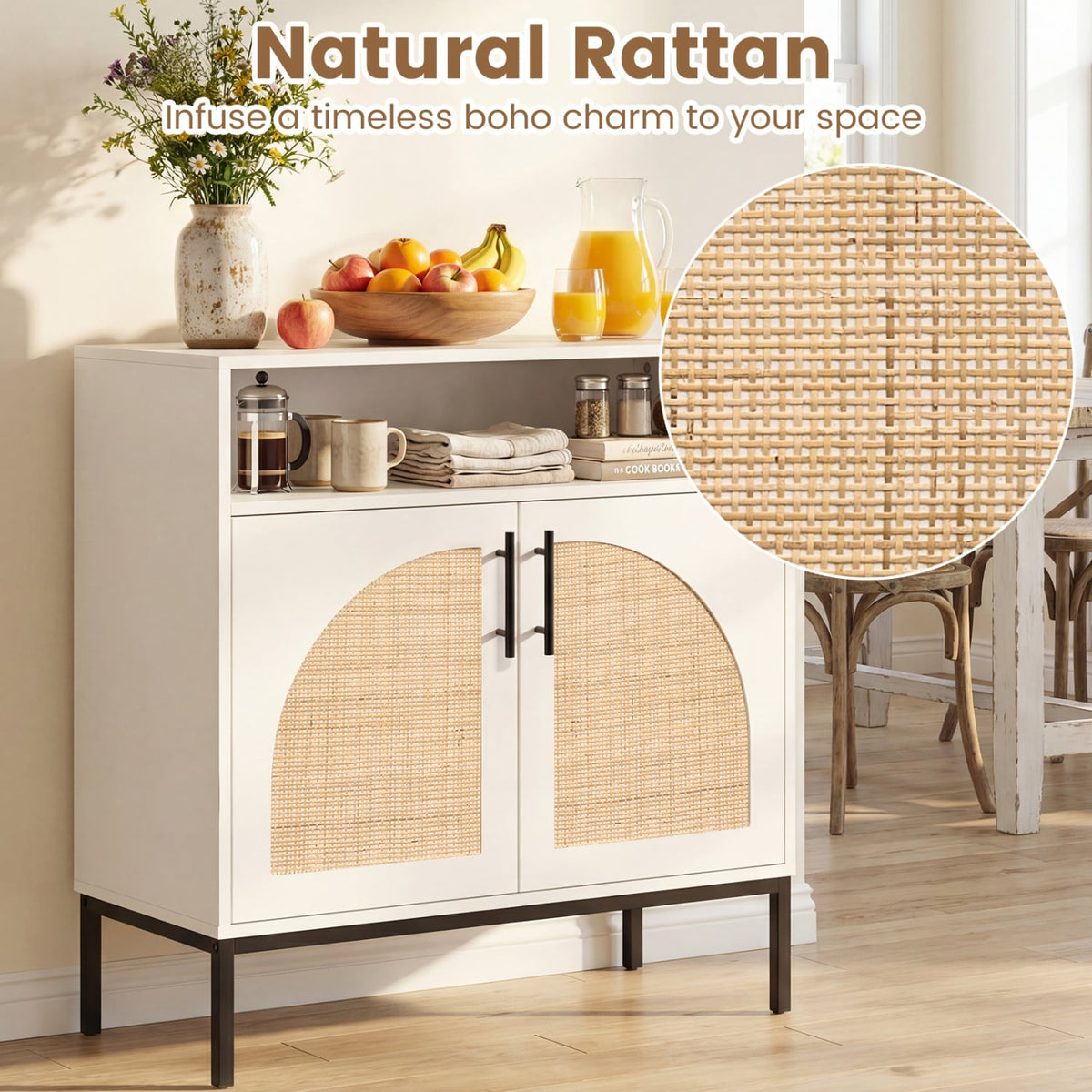 32 inches Sideboard Buffet Cabinet with 2 Natural Rattan Decorated Doors and Adjustable Shelf-White view 8
