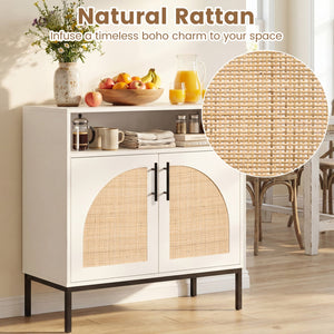 32 inches Sideboard Buffet Cabinet with 2 Natural Rattan Decorated Doors and Adjustable Shelf-White view 8