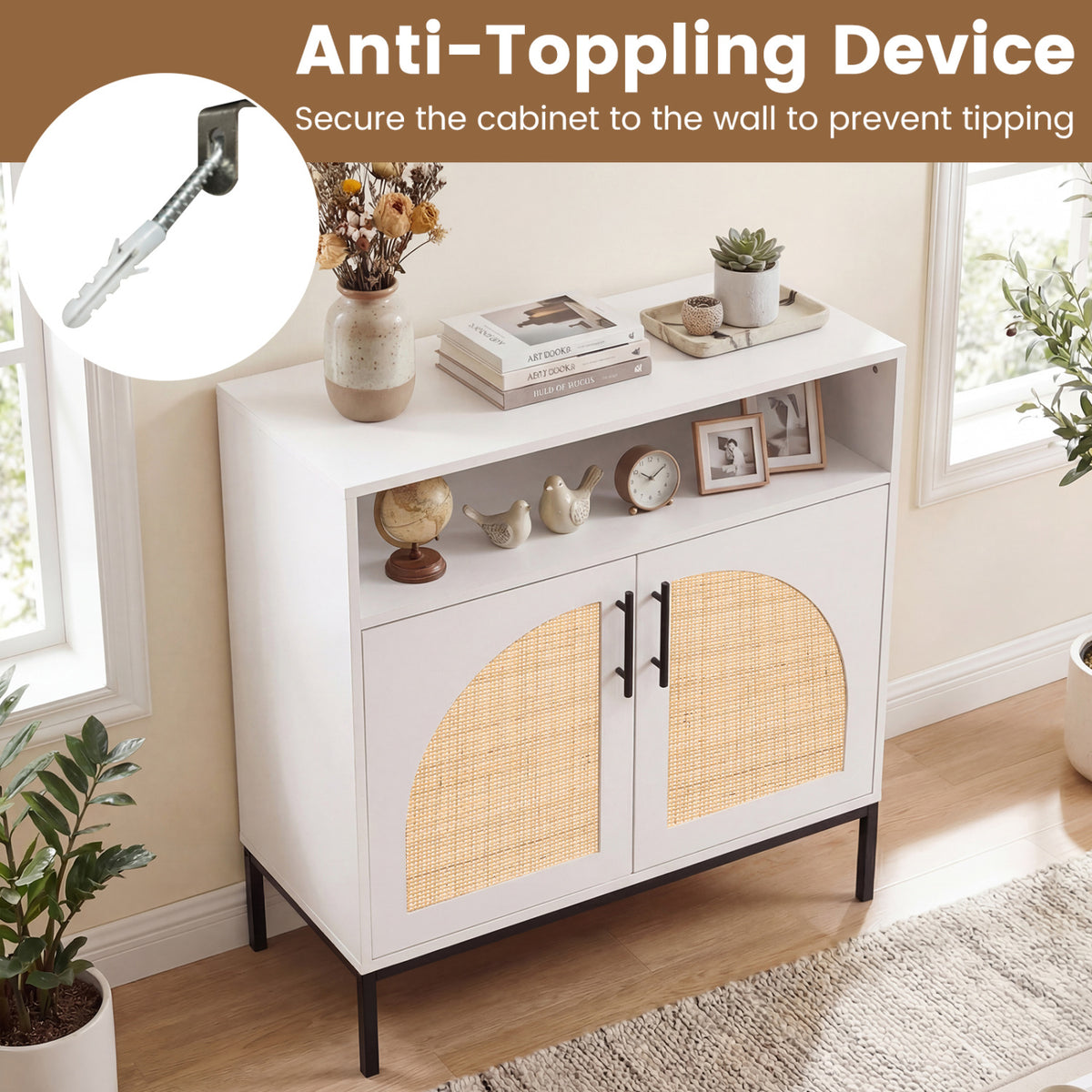 32 inches Sideboard Buffet Cabinet with 2 Natural Rattan Decorated Doors and Adjustable Shelf-White view 9