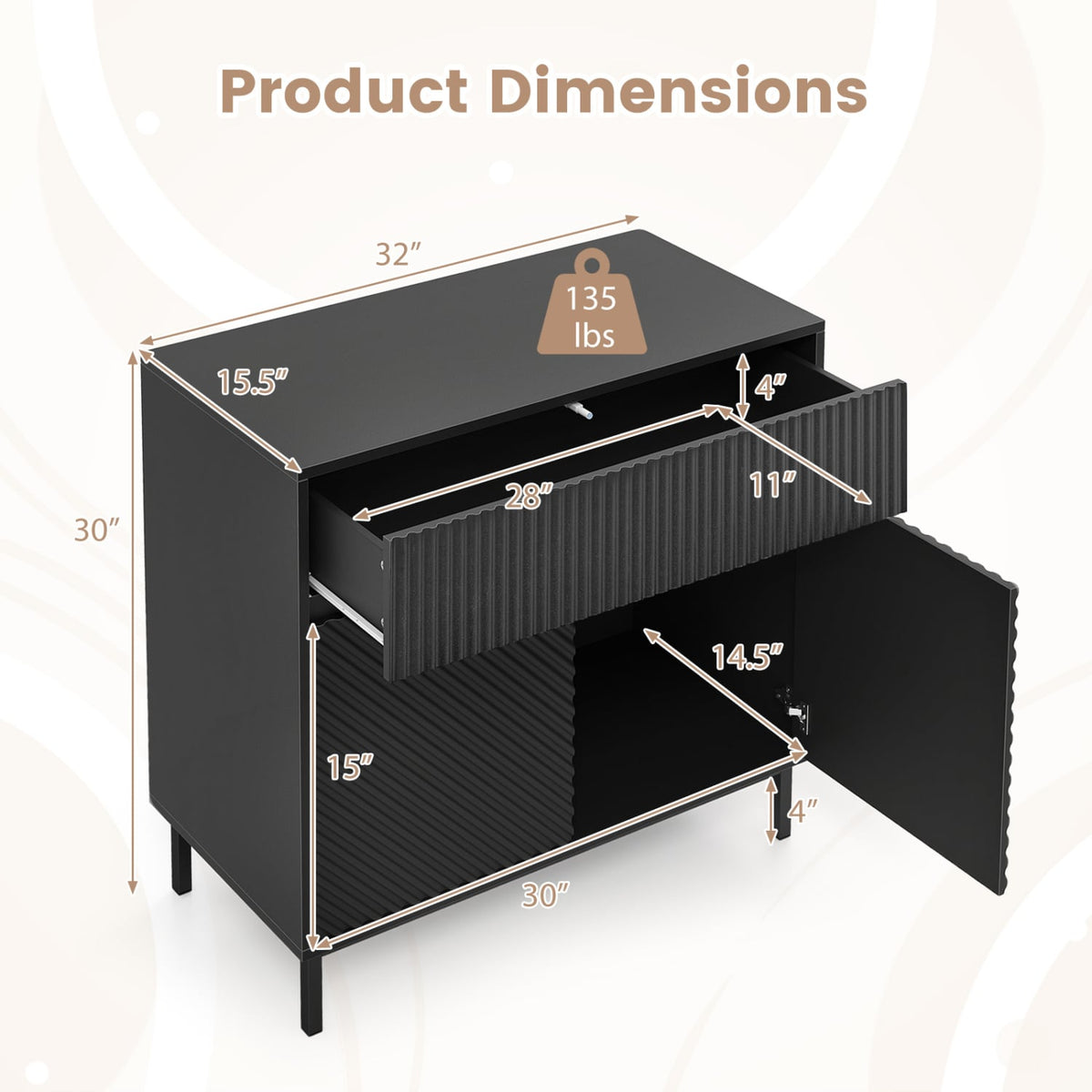32 inches Wide Buffet Cabinet with 2 Doors and 1 Drawer for Kitchen-Black view 5