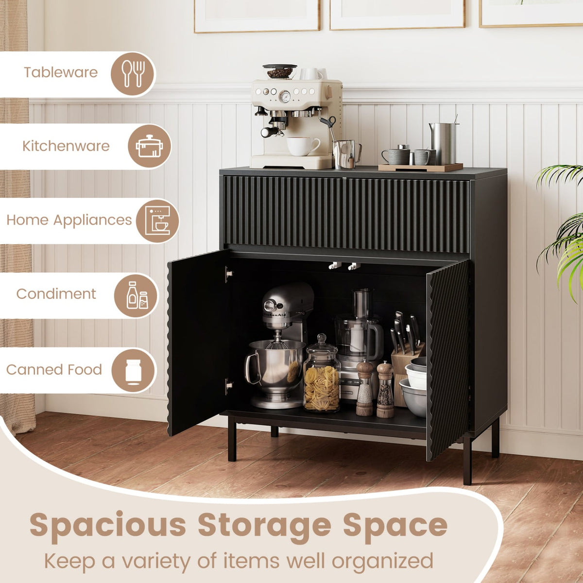 32 inches Wide Buffet Cabinet with 2 Doors and 1 Drawer for Kitchen-Black view 7