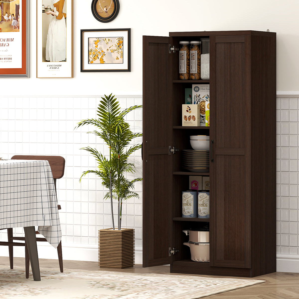 63" Kitchen Storage Cabinet, 5-tier Pantry Cabinet with Doors and Adjustable Shelves for Dining Room, Black – view 14