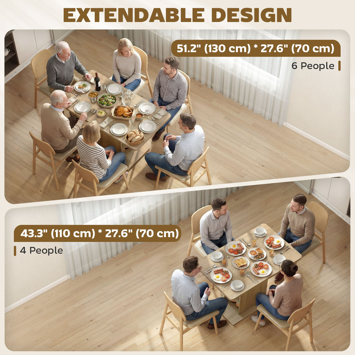 Extendable Dining Table for 4-6 People, 43.3"-51.2" Kitchen Table with 6 Open Shelves, Natural Wood
