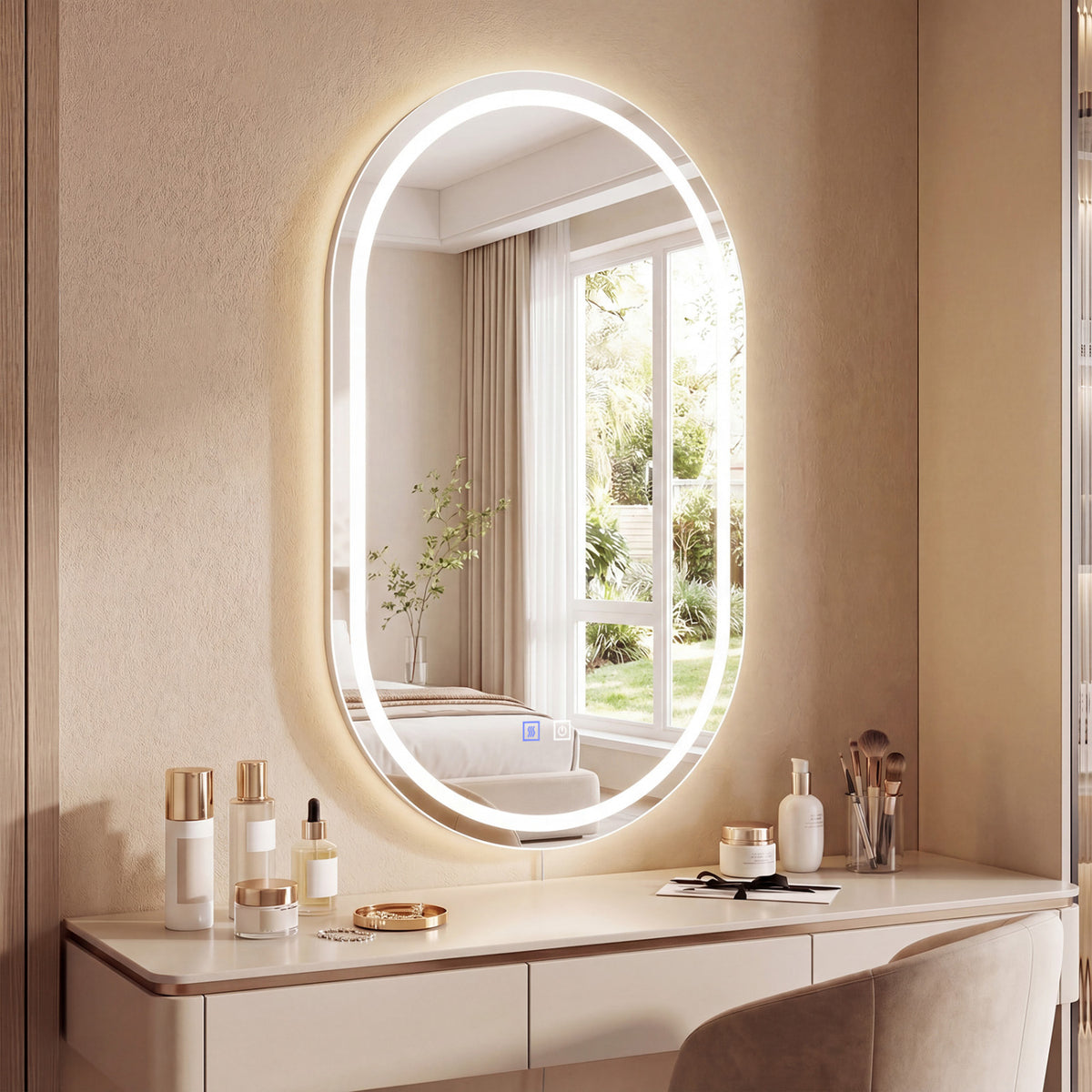 32x20 inches Oval LED Bathroom Mirror with Front & Backlight 3 Colors Stepless Dimming-Silver view 3