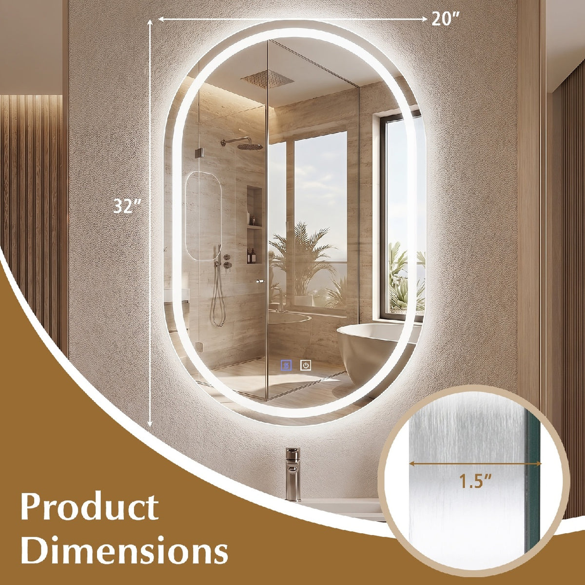 32x20 inches Oval LED Bathroom Mirror with Front & Backlight 3 Colors Stepless Dimming-Silver view 4