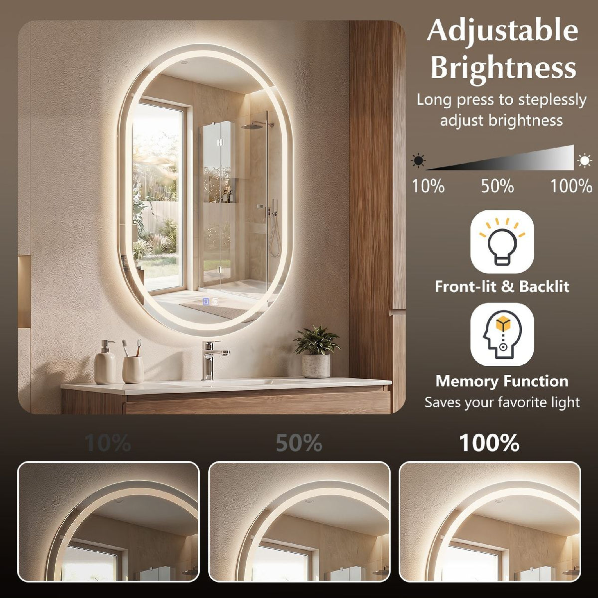 32x20 inches Oval LED Bathroom Mirror with Front & Backlight 3 Colors Stepless Dimming-Silver view 9