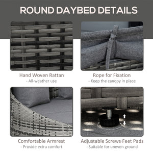 4 Pieces Patio PE Wicker Round Daybed, Outdoor Rattan Garden Lounge Furniture Sets, Grey