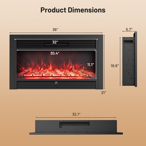 33/36-Inch Electric Fireplace Insert 750W/1500W Recessed Fireplace Heater-1500W view 4