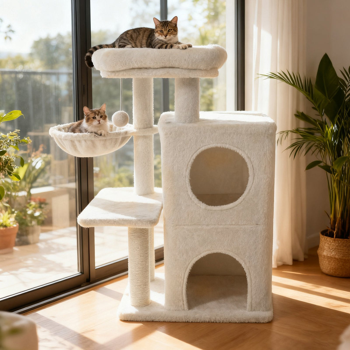 33.5 Inch Cute Kitten Tower with 2-Tier Condo and Padded Top Perch-Beige view 2