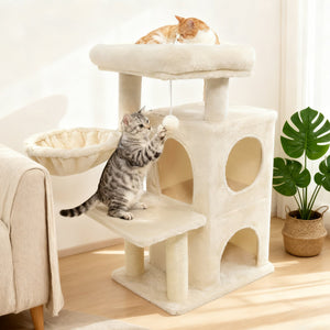 33.5 Inch Cute Kitten Tower with 2-Tier Condo and Padded Top Perch-Beige view 3