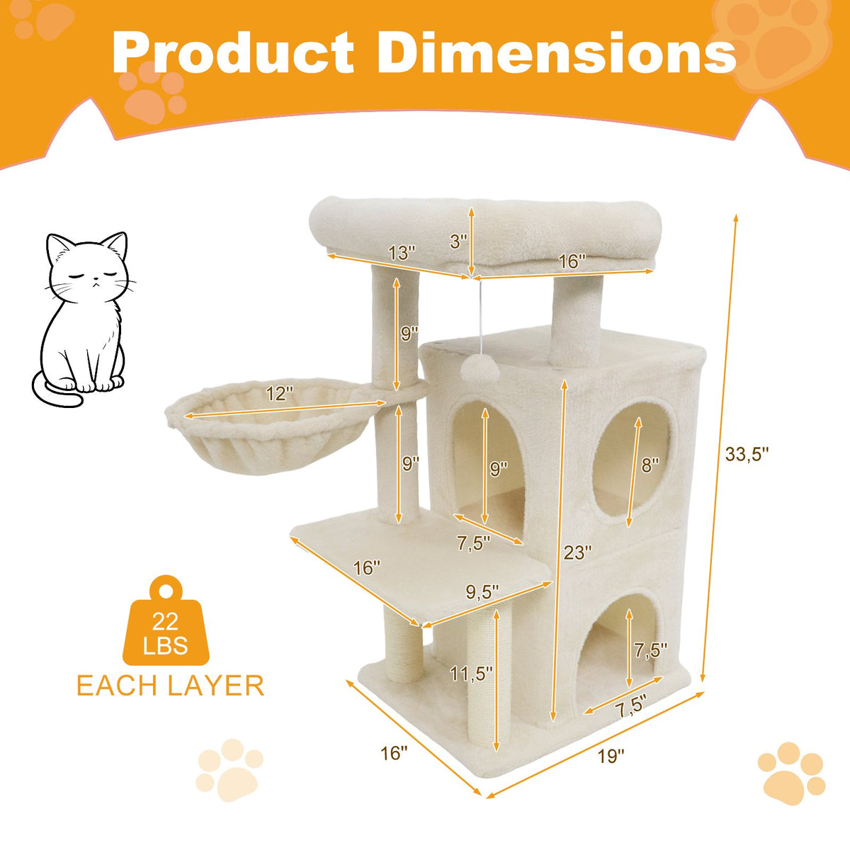 33.5 Inch Cute Kitten Tower with 2-Tier Condo and Padded Top Perch-Beige view 5