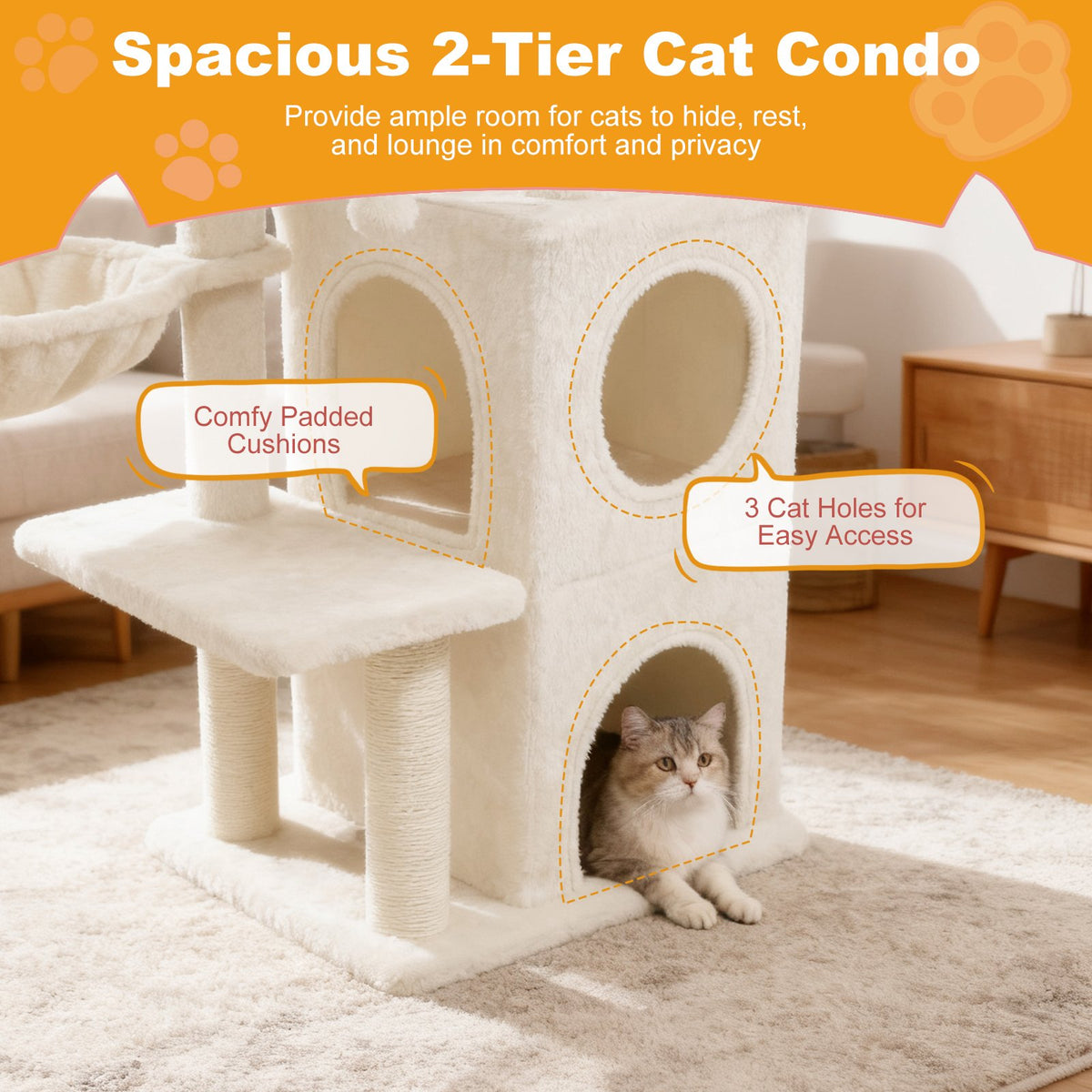 33.5 Inch Cute Kitten Tower with 2-Tier Condo and Padded Top Perch-Beige view 6