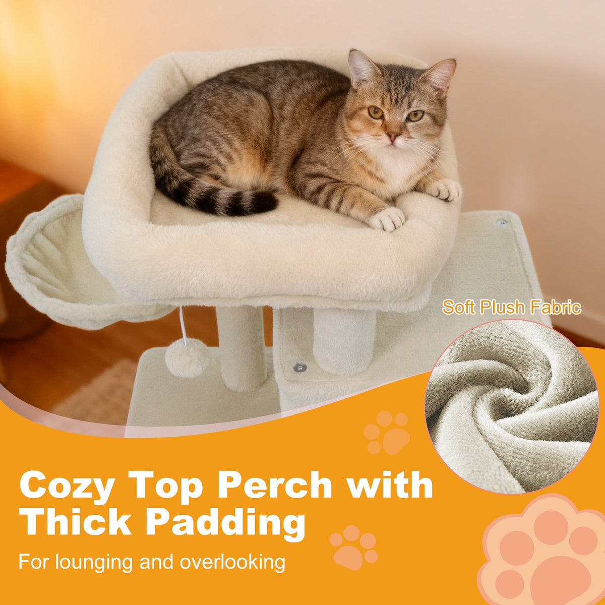 33.5 Inch Cute Kitten Tower with 2-Tier Condo and Padded Top Perch-Beige view 7