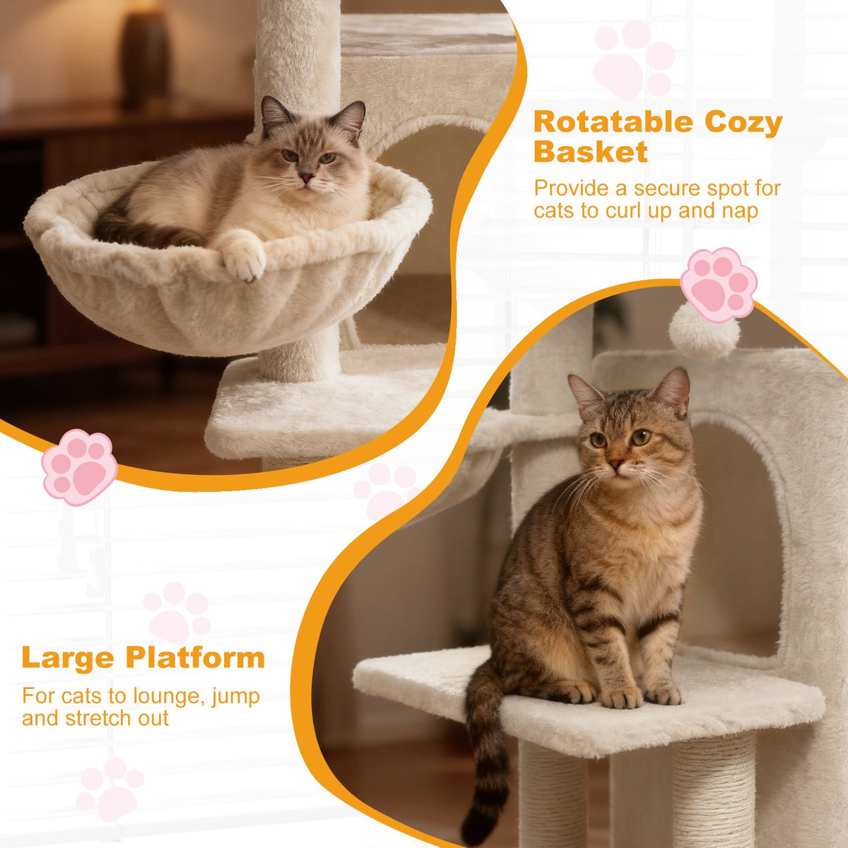 33.5 Inch Cute Kitten Tower with 2-Tier Condo and Padded Top Perch-Beige view 8