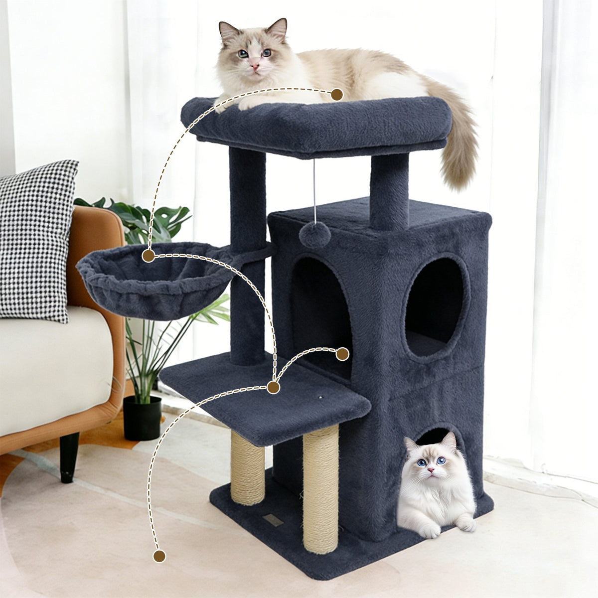 33.5 Inch Cute Kitten Tower with 2-Tier Condo and Padded Top Perch-Dark Gray view 3