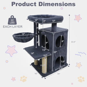 33.5 Inch Cute Kitten Tower with 2-Tier Condo and Padded Top Perch-Dark Gray view 5