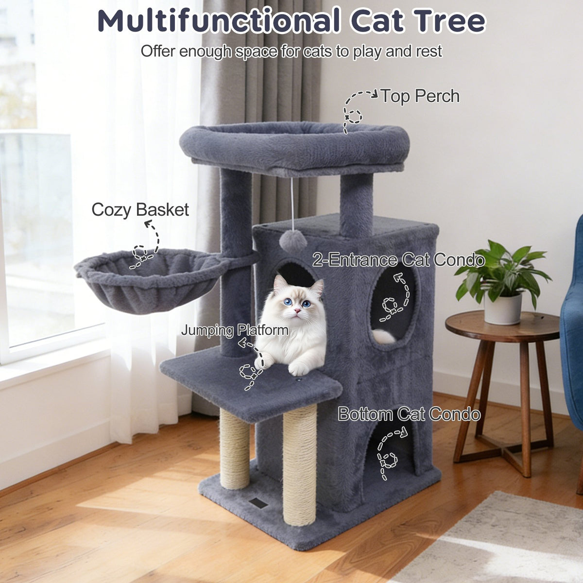 33.5 Inch Cute Kitten Tower with 2-Tier Condo and Padded Top Perch-Dark Gray view 7
