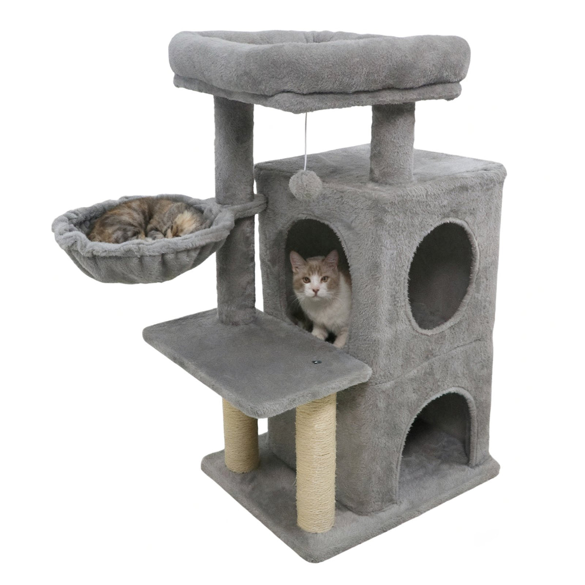33.5 Inch Cute Kitten Tower with 2-Tier Condo and Padded Top Perch-Light Gray