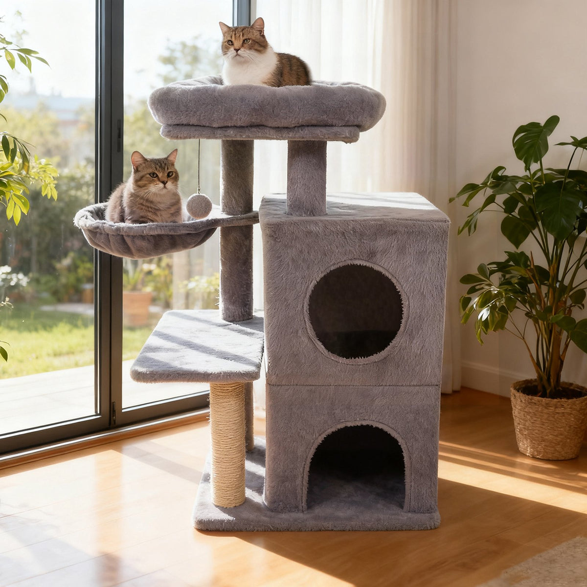 33.5 Inch Cute Kitten Tower with 2-Tier Condo and Padded Top Perch-Light Gray view 2