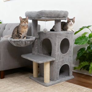 33.5 Inch Cute Kitten Tower with 2-Tier Condo and Padded Top Perch-Light Gray view 3